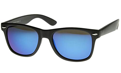 zeroUV ZV-8025b Retro Matte Black Horned Rim Flash Colored Lens Sunglasses, Black Blue, 50mm