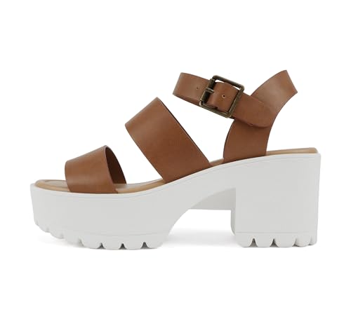Image of Soda ACCOUNT ~ Women Open Toe Two Bands Lug sole Fashion Block Heel Sandals with Adjustable Ankle Strap