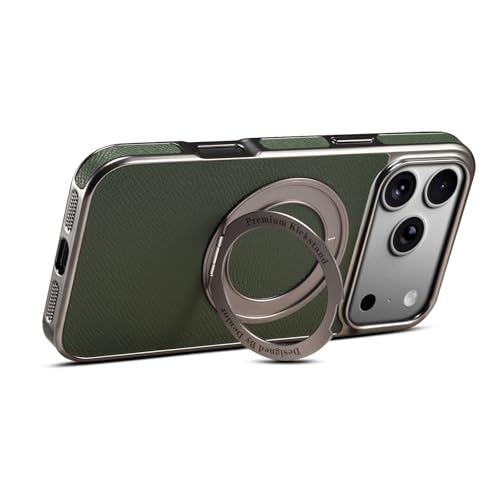 Coque iPhone 15 Pro vert antichoc rigide cuir uni béquille arrière métal