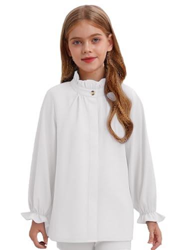 Kids Girls Puff Long Sleeve Semi Formal Blouse Top Ruffle Collar Loose Button Down Uniform Shirt