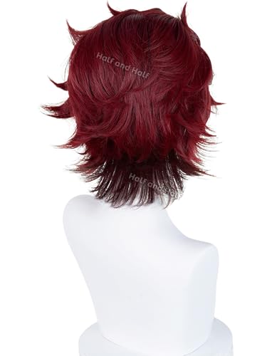 Image of Half and Half Tanjiro Cosplay Wig Short Wine Red Black Tanjiro Kamado Costume Wigs + Scar Stikers +Earrings Magenta Gradient Wigs for Female Men Unisex Halloween Party Daily