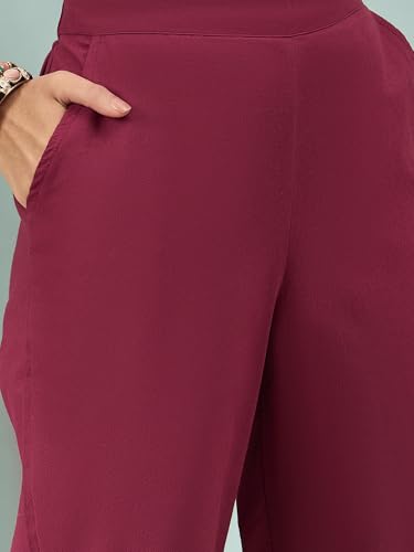 Image of D K W Women's Mid Rise Relaxed Fit Cotton Flex Trousers with Elastic Back & Drawstring - Ideal for Winter, Formal, Office & Casual Wear, Comfortable for Girls and Women