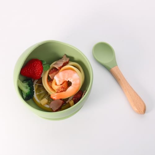 Image of TONY STARK Silicone Unbreakable Baby Bowl & Handle Spoon - Suction Design, Non-Slip, BPA Free, Dishwasher & Microwave Safe (Green, 1 Set)