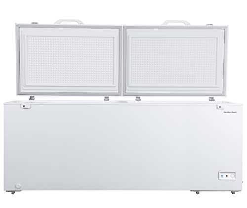 Hamilton Beach 25 Cu. Ft. Garage Ready Chest Freezer, White Deep Freezer, Adjustable Thermostat, Easy Defrost Drain, Double Door Lid, for Storage, Hunting, Large Family - 29'D x 79'W x 38'H