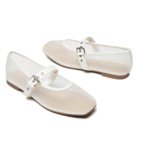 Rihero Women's Mesh Ballet Flats Ballerina White Mary Jane Flats Shoes Women Dressy Comfotable Size 7.54
