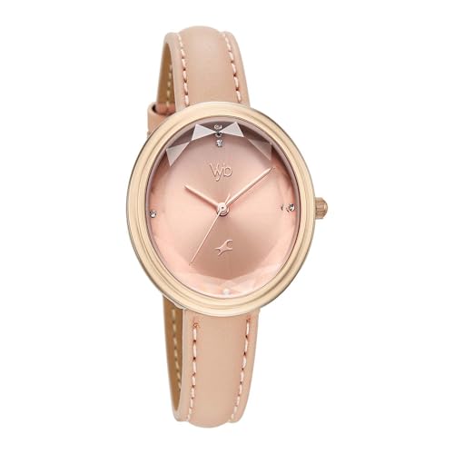 Image of Fastrack Vyb Aura with Quartz Analog Light Pink Dial Rose Gold + Pink Leather Alloy Strap Watch for Women - FV60142WM01W
