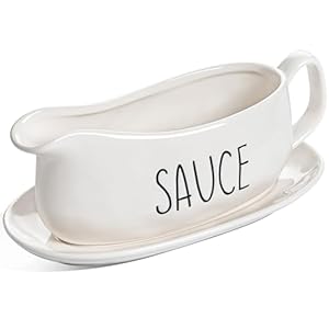 LE TAUCI Gravy Boat with Saucer Stand 16oz, Ceramic Sauce Boat with Tray for Salad Dressings, Creamer, Broth, Black Pepper, Set of 1, Oyster White