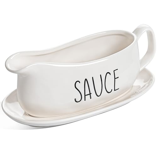 LE TAUCI Gravy Boat with Saucer Stand 16oz, Ceramic Sauce Boat with Tray for Salad Dressings, Creamer, Broth, Black Pepper, Set of 1, Oyster White