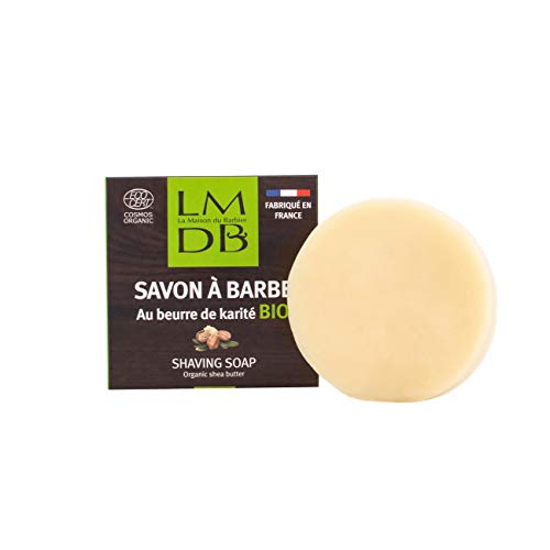 La Maison du Barbier - Savon à Barbe au Beurre de Karité Bio - Ecocert Cosmos Organic, 99% d’Ingrédients d’Origine Naturelle, 79% Issus de l’Agriculture Biologique - Fabrication Française - 80 g