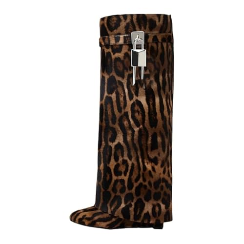 Image of keleimusi Fold Over Wedge Boots Heeled PadLock Pant Knee High Shoes Tall /Short Booties