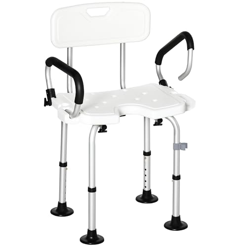 HOMCOM Silla Ducha Personas Mayores Silla para Ducha Taburete de Ducha Antideslizante con Respaldo Altura Ajustable Asiento en U y Apoyabrazos Abatible Carga 136 kg