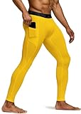 TSLA Men's Compression Pants, Cool Dry Athletic Workout Running Leggings Tights with Pockets, Athletic Pocket Pants Yellow, Medium