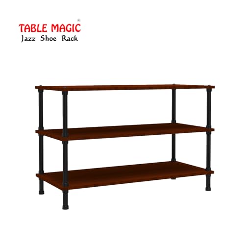 Image of TABLE MAGIC Jazz Shoe Rack Wooden Organizer | 3-Tier Multipurpose Shoes Stand for Home Wooden Shelves with & Steel Frame, Space-Saving Home Organizer, D30 x W60 x H46cm - Mahogany