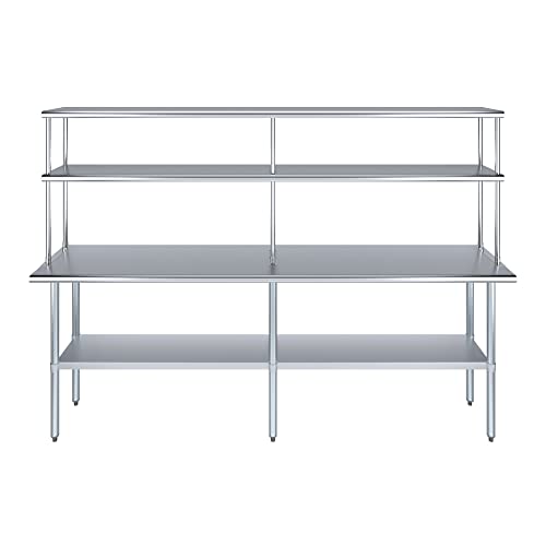 Image of AmGood Stainless Steel Work Table with 12 inch Wide Double Tier Overshelf | Metal Kitchen Prep Table & Shelving Combo | NSF (Stainless Steel Table with Double Overshelves, 96 inch Long x 18 inch Deep)