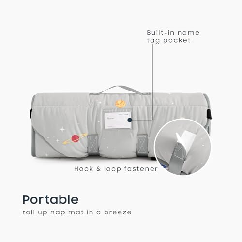 Image of Wake In Cloud - Cot Nap Mat with Pillow and Blanket, 100% Cotton Fabric, for Toddler Kids Boys Girls Ages 3 Plus in Daycare Kindergarten Preschool, Stars Space Rockets