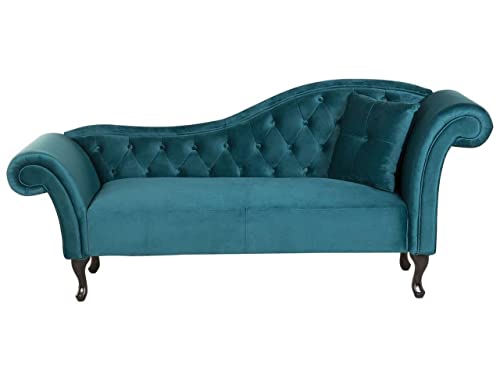 Beliani Chaise Longue tapizado en Terciopelo Azul Acolchado capitoné versión Derecha con cojín Lattes