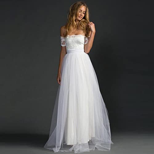 Women's Off Shoulder Long Ruched Tulle Evening Dresses Bridesmaid Dresses Wedding Guest Dresses For Women Lace Splice White #TOP1
