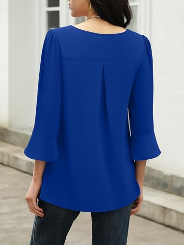 Funlingo Womens 3/4 Length Sleeve Tops Dressy Casual V Neck Business Chiffon Blouses Pleated Trendy Work Shirts3