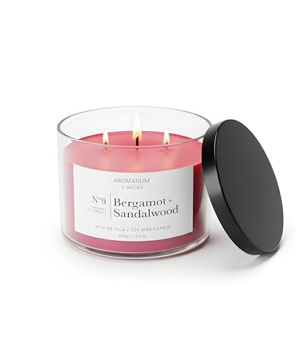 Velas Aromatium No.2 Luxury Scented Candle 300g - Three Wick Soy Wax Candle with Natural Bergamot & Sandalwood Fragrance Long-Lasting Clean Burn for Home & Relaxation
