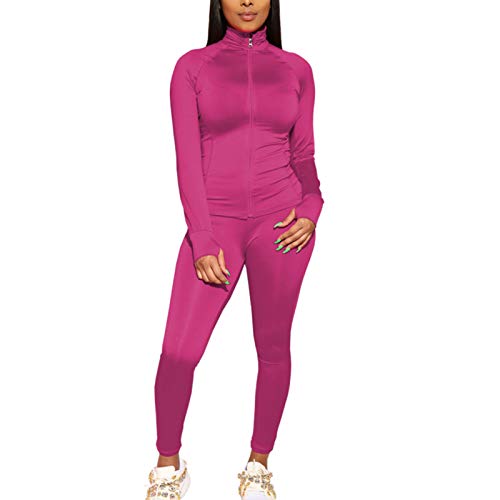Sweatsuits for Women - Long Sleeve Solid Color Zip Up Sweatshirt Coat + Skinny Long Pants Tracksuits Set Rose Small