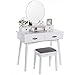 ANWBROAD Tocador Mesa de Maquillaje Belleza Tocador con Taburete y Espejo de niñas Espejo sin Marco Taburete de Madera de Goma, con 4 cajones, 3 divisores para Dormitorio Vestidor Blanco BDT02W