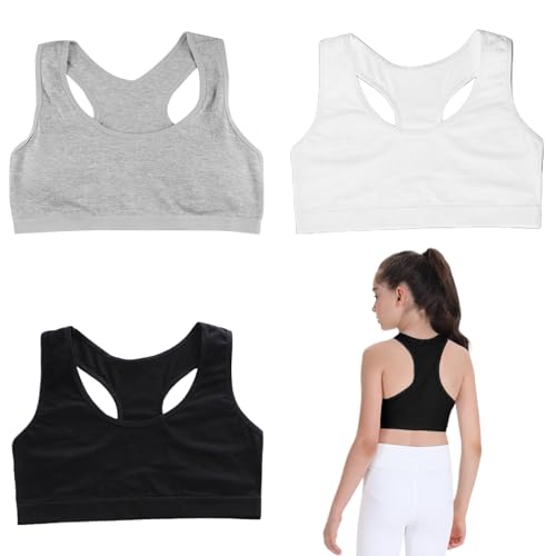 CJQRL 3 Pezzi Reggiseno Top Bimba Bambina Brassiere, Intimo Senza Ferretto, Canottiere Corte Reggiseni Bustier per Ragazze, Sportivi in Cotone Bambina Ragazza Sportivi per Bambine(Bianco Nero Grigio)