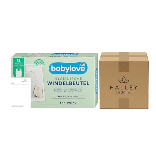 Babylove Hygienische Windelbeutel, 100 Stück, 3 Liter, mit Frischeduft, praktische Henkel, ideal für gebrauchte Windeln, für unterwegs und zu Hause + Halley Bedding Notiz Set