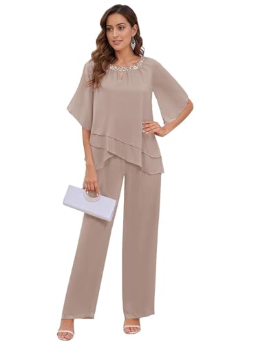 TANPAUL 2 Stück Hosenanzug Damen Festlich Elegant - Chiffon Kurzarm Mutter der Braut Hosenanzüge für Hochzeit Taupe 46