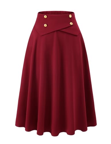 Roter Rock Damen Winter midilang Vintage Rock Basic Casual Röcke A-Linie Tellerrock Hohe Taille Freizeitrock mit Taschen Burgundy 2XL
