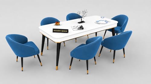 Image of WOODEN SPACE 6-Seater Wooden Dining Table Set | Nano Composite Marble Top | Solid Wood Base | Modern Dining Room Furniture with 6 Chairs (Blue Modern Classic)