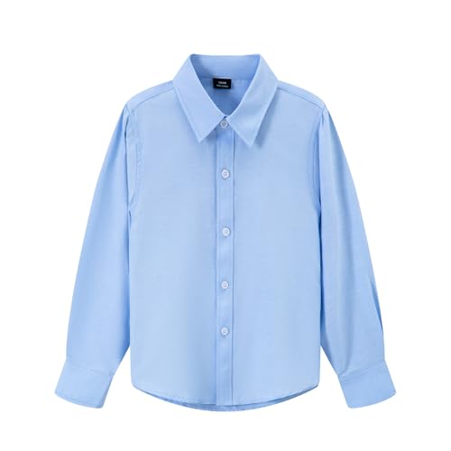 HILEELANG Boy School Uniform Shirt Kids Classic White Blue Long Sleeve Button Down Dress Shirt Ages 5-162