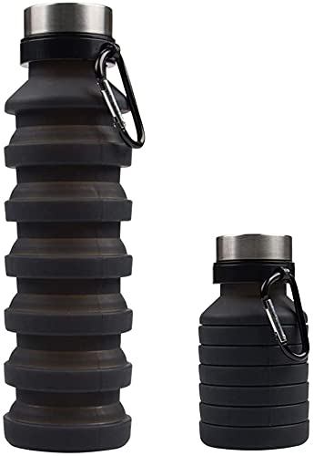Image of we3 Collapsible Water Bottle, 550ml Reusable Silicone Light Water Bottles for Travel Outdoor Portable Leakproof Drinking Bottles with Carabiner (Black, Pack of 1)