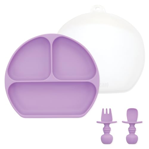 Bumkins Silicone Grip Dish 3-Section, Silicone Training Chewtensils & Lid, Purple
