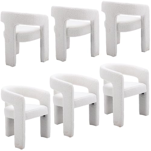 Image of HNY Modern Barrel Kitchen & Dining Room Chairs Set of 6, Sherpa Upholstered Accent Chairs with Arm, 18.5'' Wide Side Armchairs Vanity Chairs for Living Room Bedroom Makeup Small Spaces, White