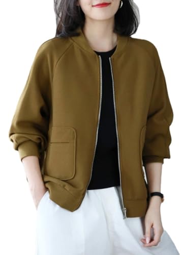 [TRVELBETT] ジャケット レディース カーディガン アウター ブルゾン MA-1 トップス スタジャン ジャンパー ノーカラー 羽織り 春 秋 カーディガン ミリタリージャケット リブ ゆったり カジュアル 軽量 通勤 普段着 (イエロー,XL)のサムネイル