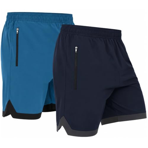 Image of NINQ Men's Sports Shorts Pack of 2 | Casual Gym Shorts with Side Zipper Pockets, Elastic Waist & Quick-Dry Comfort for Running & Workout