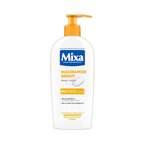 Mixa feuchtigkeitsspendende Bodylotion, Geeignet für Gesicht, Körper & Hände, Für trockene & müde Haut geeignet, Niacinamide Bright, Hypoallergen, 250 ml