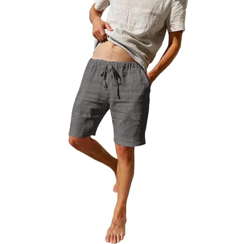 Puimentiua Leinenhose Herren Kurz Sommer Leinen Shorts Kurze Hosen Loose Fit Baumwollehose mit Tunnelzug und Taschen (Dunkelgrau L)