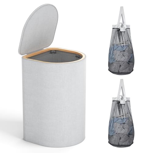 HELLKOPF Cesto para la colada de madera con tapa, 70 litros, para ropa sucia, 2 bolsas de lavandería en el interior con asas, fácil de quitar, cestas para dormitorio, baño, gris claro