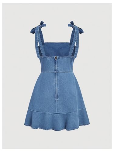 Image of SHENHE Women's Tie Shoulder Sleeveless Denim Mini Dress Layered Ruffle Hem Jean Dress