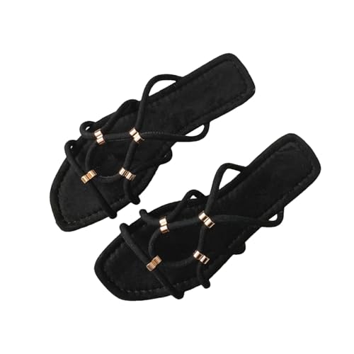 Women's Genuine Leather Slippers - Open Toe Summer Casual Flats (0cm/0in)