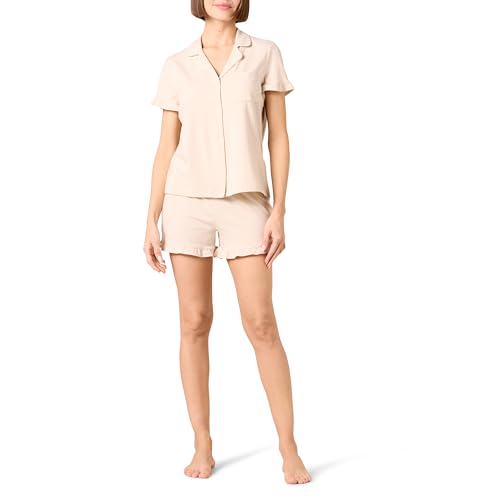 Amazon Essentials Women's Cotton Modal Piped Notch Collar Pajama Set, Comfortable Loungewear (Available in Plus Size), Beige, Medium