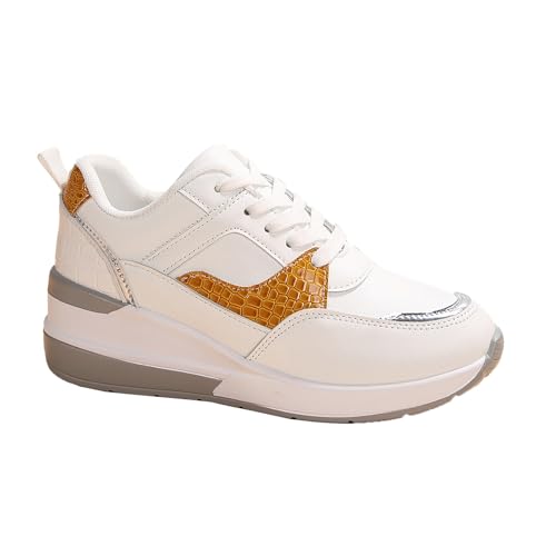 Genérico Zapatillas De Mujer New Zapatillas Golden Mujer para mujer Color sólido malla transpirable punta redonda con cordones parte superior plana Zapatillas Mujer Slip- Zapatillas Sin (White, 40)