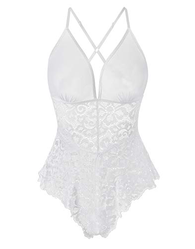 XSPICE Womens One Piece Teddy Lingerie Deep V Neck Lace Babydoll Mini Bodysuit Chemise Underwear