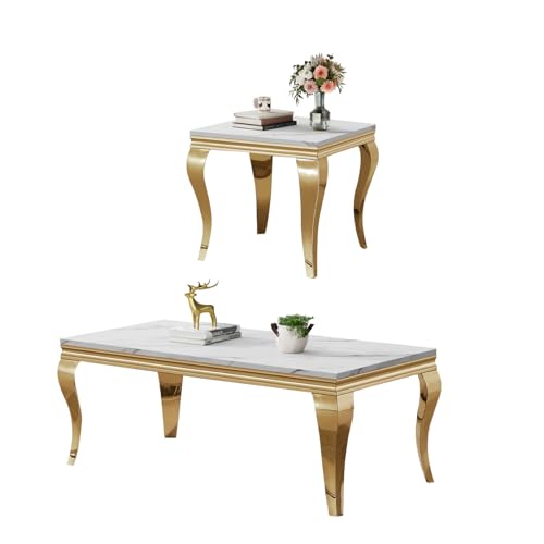 Image of Luxury Coffee Table Set of 2, Rectangular Coffee Table with End Side Table, Modern 2 Piece Living Room Table Set with Faux Marble Top & Gold Stainless Steel S Legs for Apartment Home Office