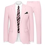 WYWK 2 Piece Men's Suit One Button Slim Fit Suit for Men Solid Color Blazer and Pants Tie and Square Wedding Business Party Light Pink
