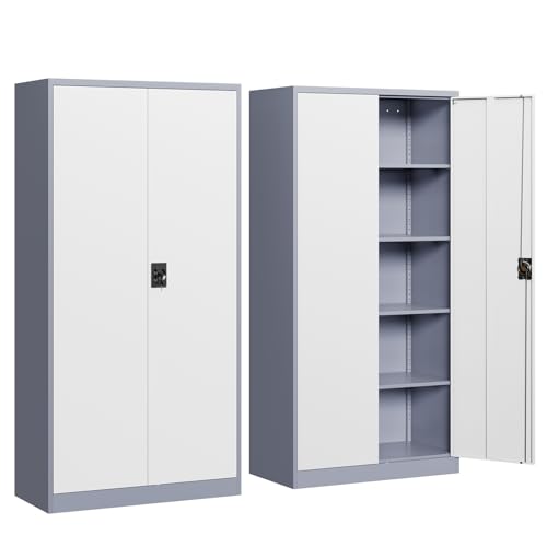 Image of Yizosh Metal Garage Storage Cabinet with Lock, 72 inch Locking Tool Cabinet with 2 Doors and 4 Shelves for Garage,Office,School (Gray White)