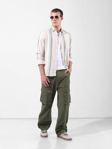 Image of The Indian Garage Co Men Relaxed Fit Textured Mid-Rise Cargos