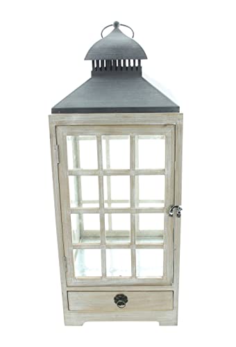 FRANK FLECHTWAREN Große Laterne 'Landhaus', gekalktes Holz, Metall, Glas, Schublade, Maße: 25 x 25 x 63 cm, Ästhetisches Design, Nostalgisch-Modern