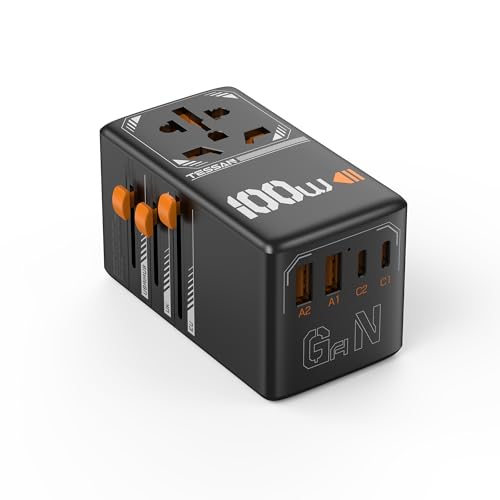 Image of TESSAN Universal Travel Adapter, Black | 100W GaN, 4 USB Ports (2 USB C), International Power Adaptor, US to EU Europe UK AUS France Italy Spain Ireland, Type C G A I